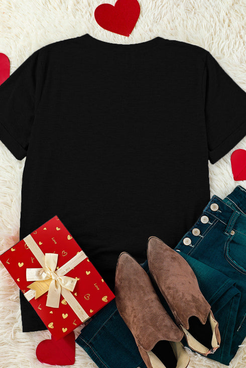 Black Happy Valentine'S Day Hearts Print Short Sleeve T Shirt